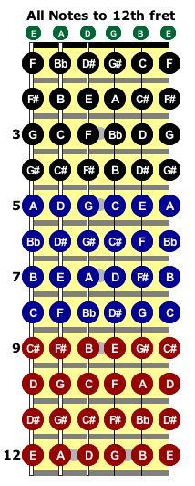 guitar notes on a fretboard